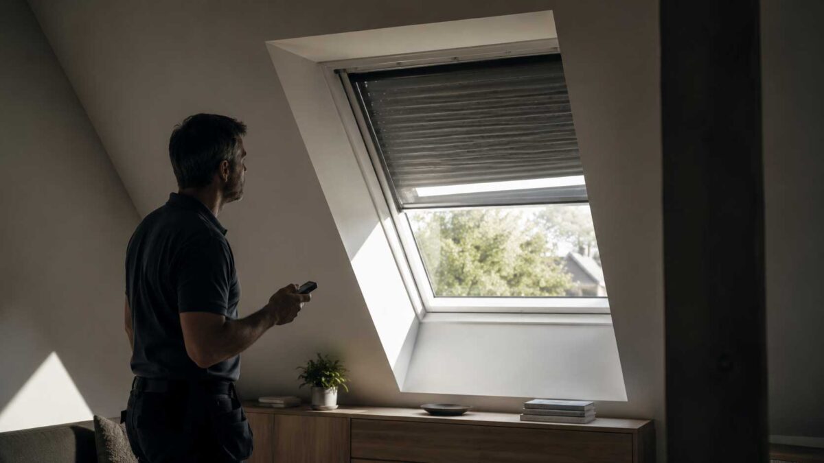 Expert controleert een VELUX rolluik op zonne-energie dat gedeeltelijk vastzit bij een dakraam