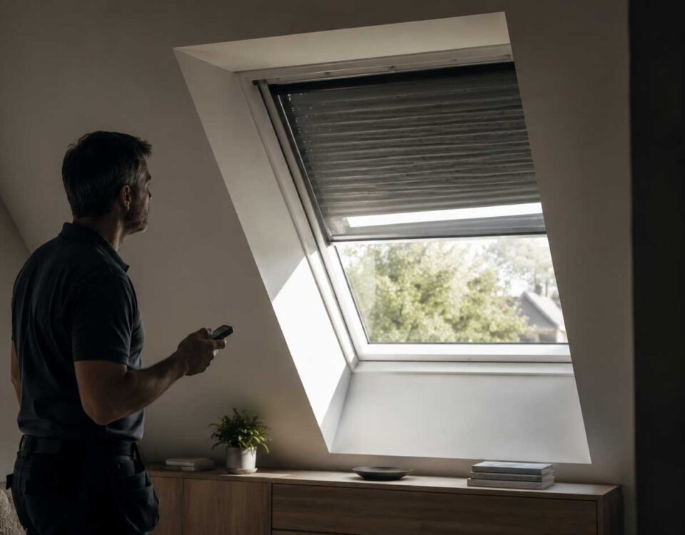 Expert controleert een VELUX rolluik op zonne-energie dat gedeeltelijk vastzit bij een dakraam