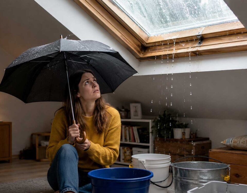 Correct geplaatst dakraam met gootstukken en waterafvoer